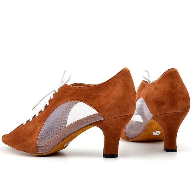 Women's Black LaceUp Dance Shoes with Mesh Panels and PeepToe Design