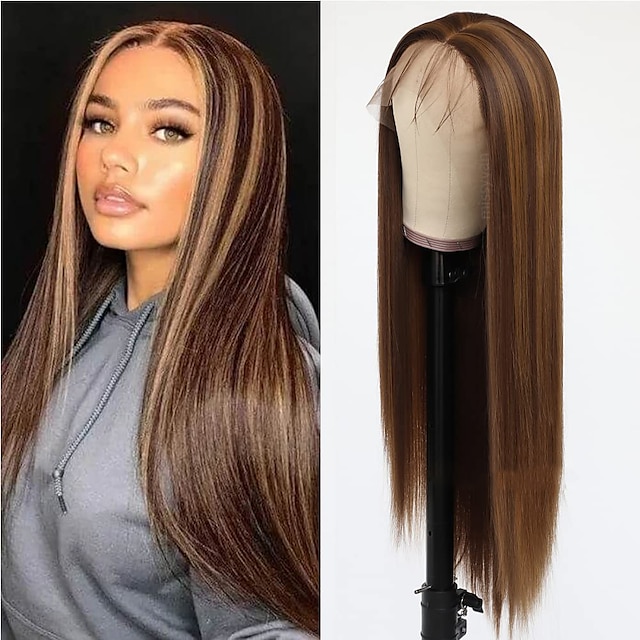  Synthetic Lace Wig kinky Straight Style 12-24 inch Brown with Golden Highlights Silky Straight 13*2.5 lace front Wig Women's Wig Golden Brown With Blonde