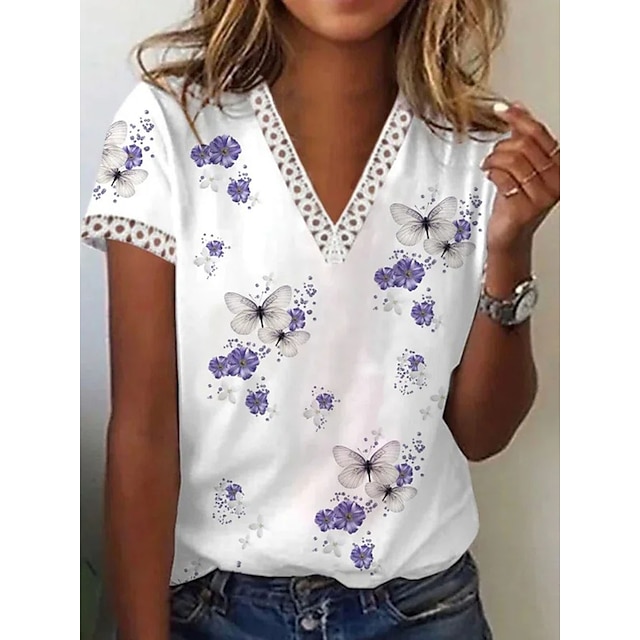  여성용 T 셔츠 화이트 플로럴 레이스 트림 프린트 짧은 소매 캐쥬얼 홀리데이 베이직 V 넥 보통 꽃 테마 페인팅 S / 3D 인쇄