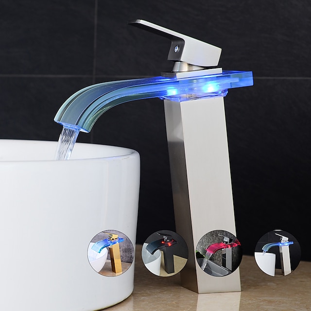  LED バスルームシンクミキサー蛇口滝スパウト 3 色温度、背の高い容器タップシングルハンドル 1 穴モノブロック洗面器タップ洗面所