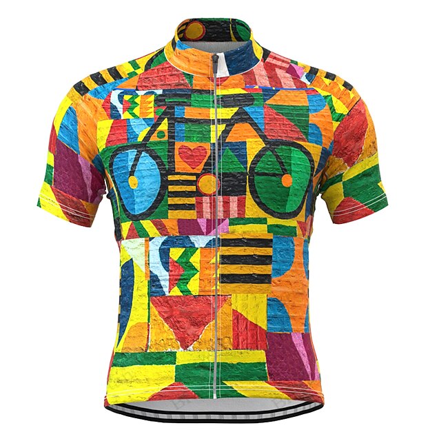  21Grams Men's Cycling Jersey Short Sleeve Bike Top with 3 Rear Pockets Mountain Bike MTB Road Bike Cycling Breathable Quick Dry Moisture Wicking Reflective Strips Green Yellow Sky Blue Geometic