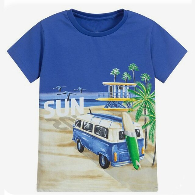Baby & Kids Boys Clothing | Kids Boys T shirt Short Sleeve 3D Print Coconut Tree Letter Crewneck Blue Red Children Tops Spring S