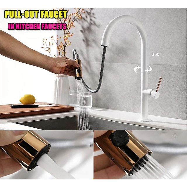  Kitchen Sink Mixer Faucet with Pull Out Sprayer Contemporary, 360 Rotatable Pull Down Single Handle One Hole High Arc Antique Kitchen Taps, Adjustable Cold and Hot Water Hose
