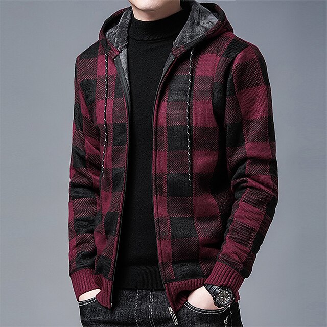 Men's Knit Oversized Plaid Turndown Basic Daily New Year Clothing Apparel Spring Fall & Winter Red S M L2