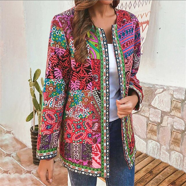 Womens Clothing Womens Outerwear | Womens Casual Jacket Print Coat Green Pink Gold Navy Blue Casual Street Spring Regular Open F