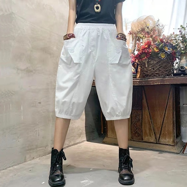  Women's Fashion Cargo Chinos Shorts Side Pockets Elastic Waist Knee Length Pants Casual Weekend Micro-elastic Plain Cotton Blend Comfort Mid Waist Loose Green White Black Fuchsia M L XL