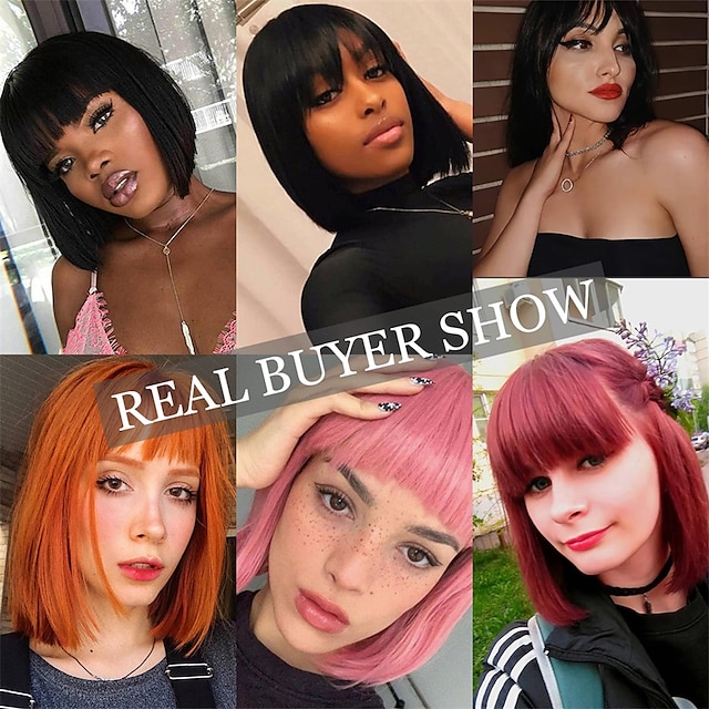 Beauty & Hair Wigs & Hair Pieces | Short Straight Bob Wigs With Bangs Synthetic Wigs For Women Pink Red Black Wigs Lolita Cospla