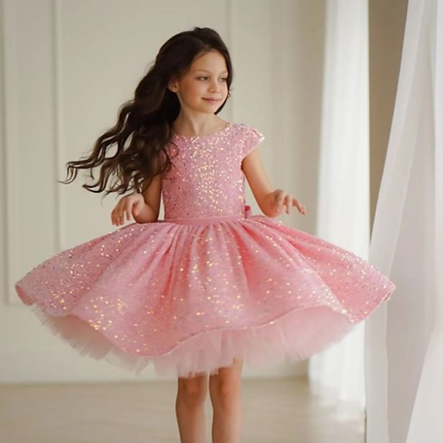  Kids Girls' Dress Sequin Sleeveless Performance Wedding Party Sparkle Bow Princess Sweet Cotton Tulle Above Knee Pink Princess Dress A Line Dress Flower Girl's Dress Summer Spring 3-12 Years Yellow