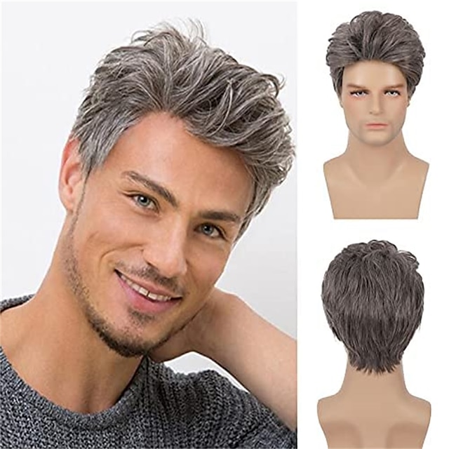  Mens Wigs Grey Short Layered Wig Syntheric Replacement Cosplay Costume Party Daily Wear Hair Wig