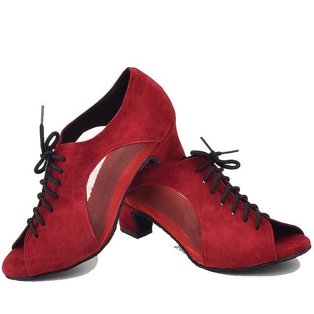 Women's Black LaceUp Dance Shoes with Mesh Panels and PeepToe Design