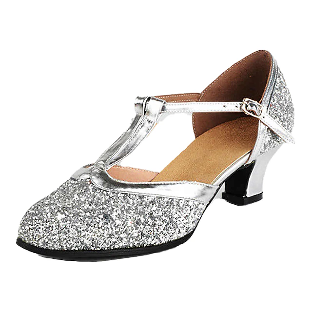 Women's Silver Glitter T-Strap Dance Shoes – Low Heel Ballroom Latin Performance Sandals for Weddings and Parties 11