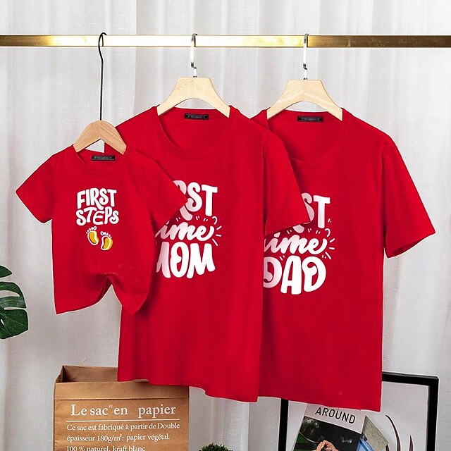 Baby & Kids Matching Outfits | Family Look T shirt Tops Letter Daily Print Black Gray Red Short Sleeve Basic Matching Outfits - 