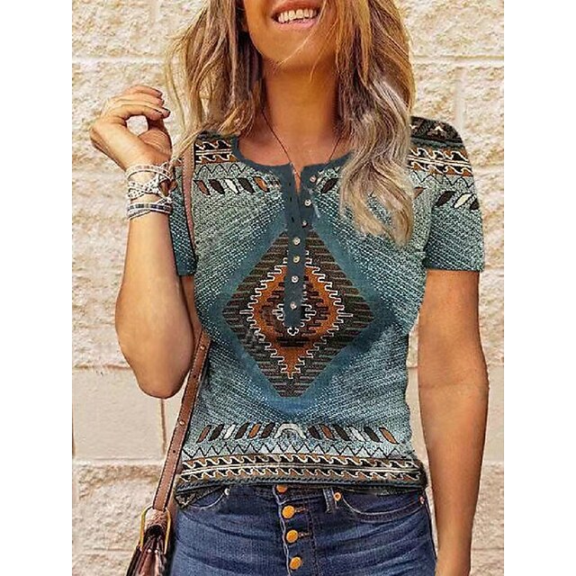  Women's Henley Shirt Striped Plaid Tribal Home Casual Daily Bohemian Theme Geometric Painting Henley Shirt T shirt Tee Short Sleeve Patchwork Print Round Neck Ethnic Vintage Sexy Blue S / 3D Print