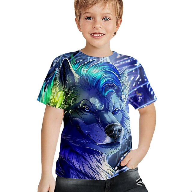 Baby & Kids Boys Clothing | Kids Boys T shirt Short Sleeve 3D Print Wolf Animal Crewneck Blue Children Tops Spring Summer Active