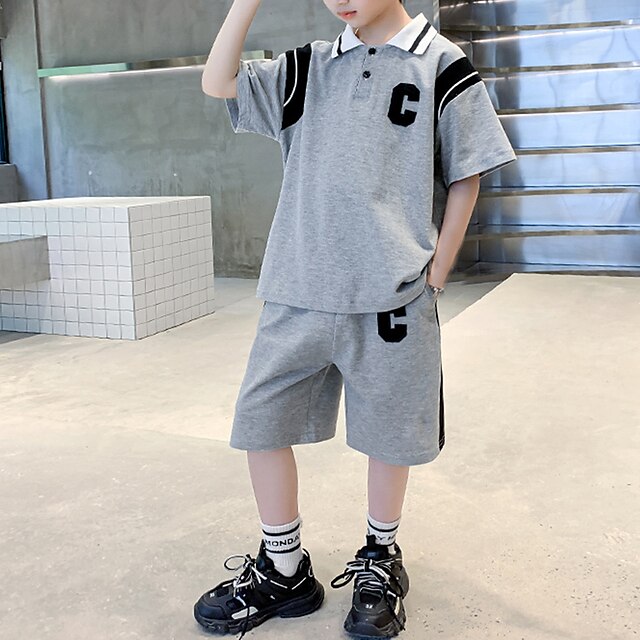 Baby & Kids Boys Clothing | Kids Boys T-shirt & Shorts 2 Pieces Short Sleeve Gray Navy Blue Letter Embroidered Street Sports Fas