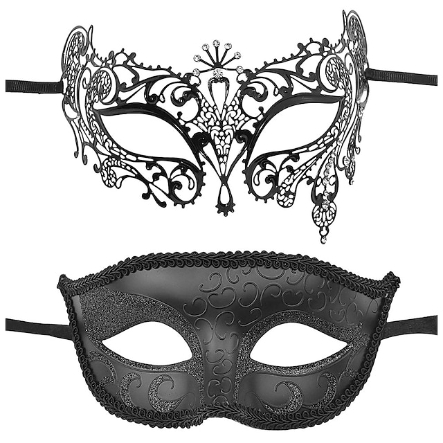 per carnevale e Halloween Black-8 Coppia di maschere veneziane in metallo e in plastica 