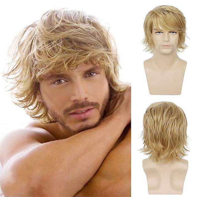  Mens Blonde Wig Short Fluffy Layered Blonde Wig Natural Synthetic Halloween Cosplay Hair Wig for Male Guy