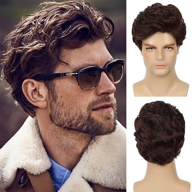 Men Wig Short Brown Curly Wigs Heat Resistant Synthetic Layered Fluffy