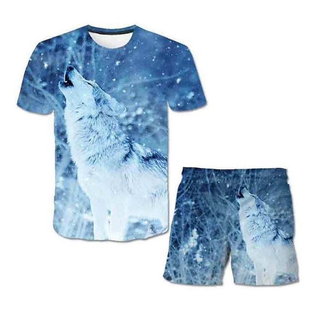 Baby & Kids Boys Clothing | Kids Boys T-shirt & Shorts Clothing Set 2 Pieces Short Sleeve Blue Wolf Animal Crewneck Print Street