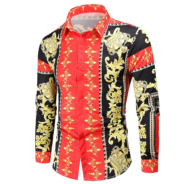 Mens Clothing Mens Shirts | Mens Shirt Geometric Classic Collar Holiday Beach Print Long Sleeve Tops Casual Tropical Red - EM902