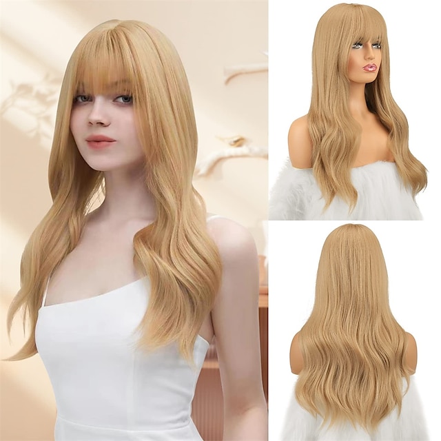 Beauty & Hair Wigs & Hair Pieces | Blonde Wigs with Bangs Warm Blonde Wig 24 inch Long Curly Wavy Wigs for Women Synthetic Wavy 