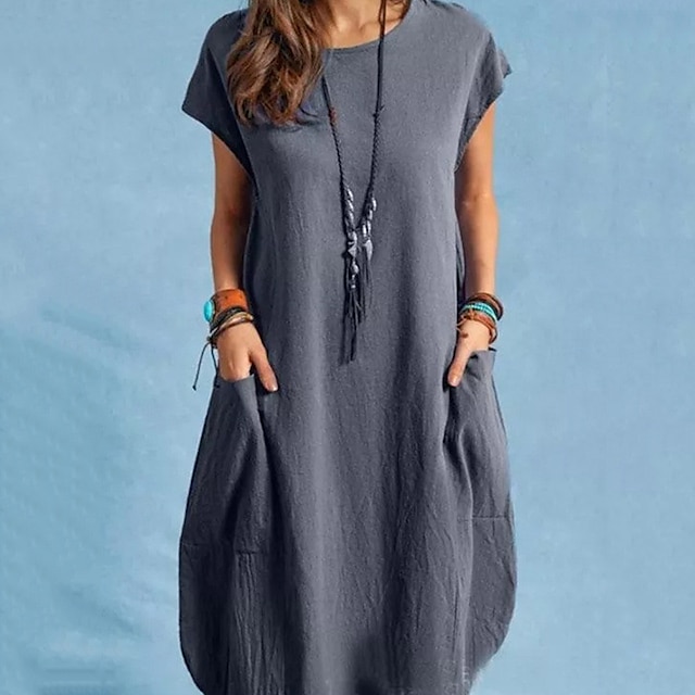  Women's Cotton Linen Dress Casual Dress Shift Dress Cotton And Linen Midi Dress Outdoor Daily Vacation Casual Classic Pocket Crew Neck Summer Spring Short Sleeve Regular Fit 2023 Black White Navy Blue