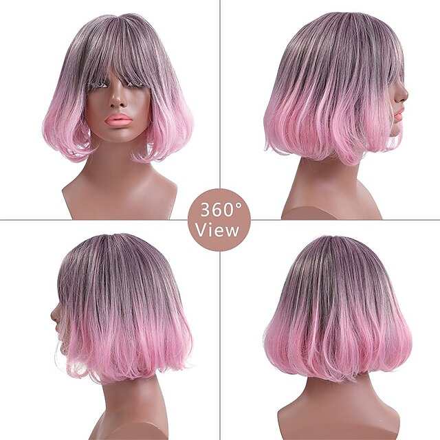 Beauty & Hair Wigs & Hair Pieces | Ombre Pink Bob Wigs 2 Tone Short Curly Bob Wig with Bangs Colorful Glueless Synthetic Hair Wi