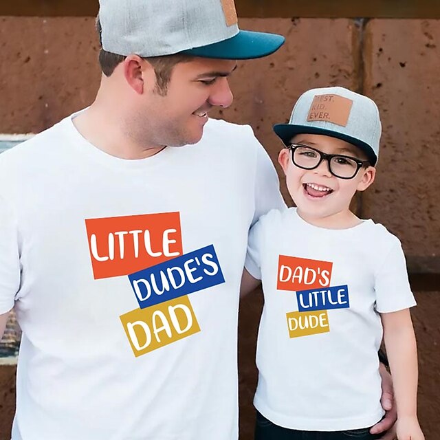 Baby & Kids Matching Outfits | Dad and Son T shirt Tops Geometric Letter Daily Print White Black Gray Short Sleeve Basic Matchin