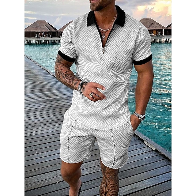  Men's Casual Color Contrast Polo Zipper Lapel Shirt Short-sleeved Suit
