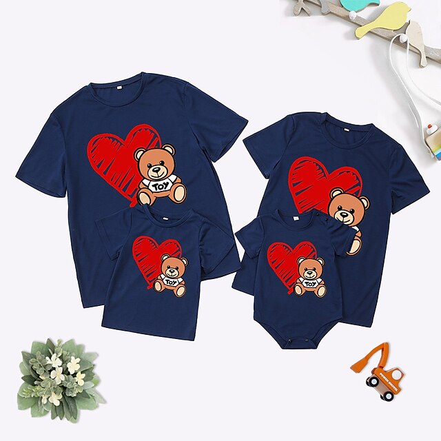 Baby & Kids Matching Outfits | Family Look T shirt Tops Heart Bear Letter Causal Print Blue Short Sleeve Daily Matching Outfits 