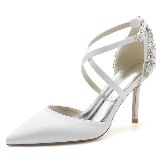  Mulheres Sapatos De Casamento Stiletto Sapatos de noiva Pedrarias Salto Agulha Dedo Apontado Luxuoso Cetim Correia Cruzada Vinho Preto Branco