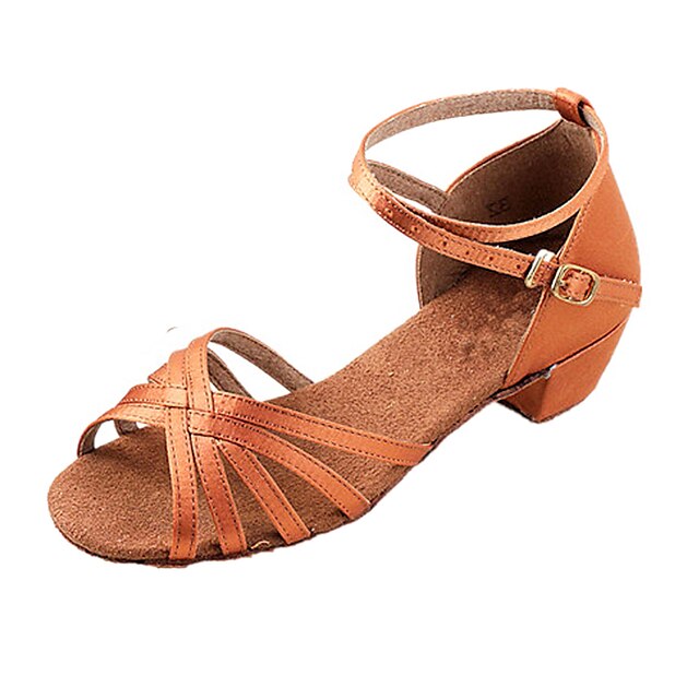  Women's Latin Shoes Ballroom Shoes Indoor Performance ChaCha Satin Basic Sandal Solid Color Low Heel Buckle Kid's Bronze / Suede
