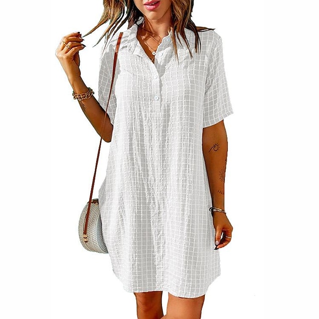  summer  plaid pattern collar button short-sleeved shirt dress