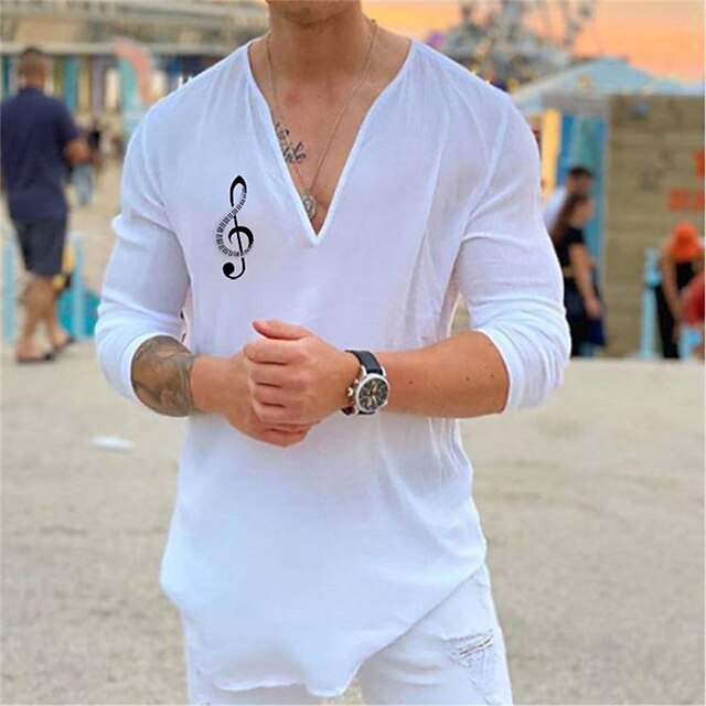  Men's Shirt Hot Stamping Graphic Patterned Notes V Neck Street Casual Print Long Sleeve Tops Cotton Designer Casual Fashion Big and Tall White Black / Summer / Spring / Summer