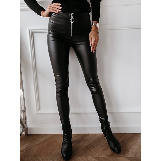  Women's Fashion Tights Leggings Zipper Full Length Pants Casual Weekend Micro-elastic Plain PU Comfort Mid Waist Slim Black S M L XL XXL