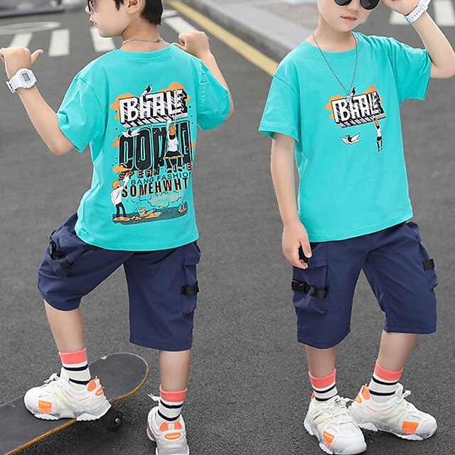 Baby & Kids Boys Clothing | Kids Boys Clothing Set 2 Pieces Short Sleeve Blue Orange Letter Print Street Sports Casual Daily Reg