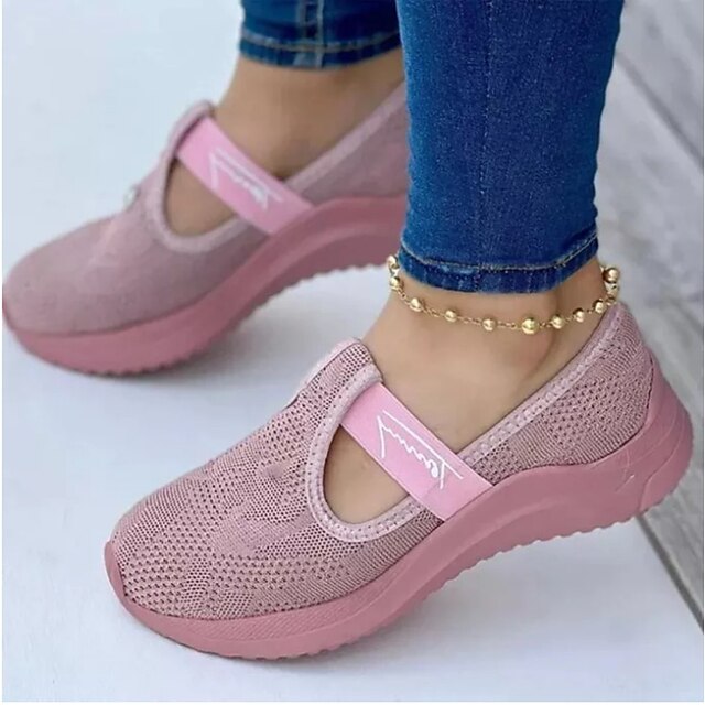  Women's Sneakers Plus Size Solid Colored Flat Heel Round Toe Walking Tissage Volant Loafer Black Pink Red