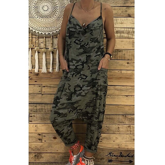 Womens Clothing Womens Bottoms | Womens Fashion Jumpsuit Rompers Side Pockets Print Full Length Pants Casual Weekend Micro-elast