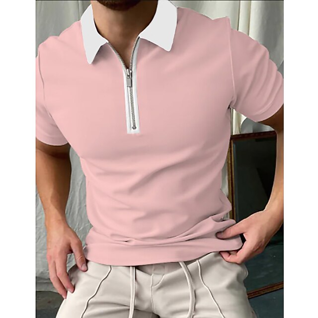 Men's Polo Shirt Golf Shirt Outdoor Street Collar Short Sleeve Fashion Simple Solid Color Zipper Summer Regular Fit Pink Polo Shirt2