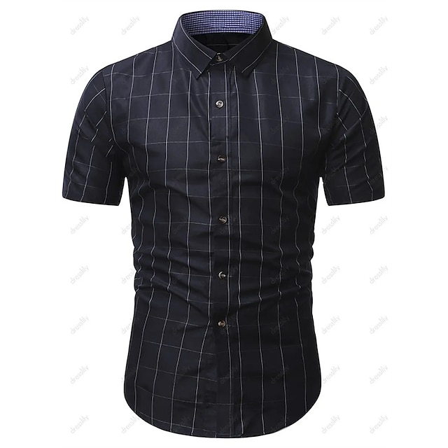 Mens Clothing Mens Shirts | Mens Shirt Hot Stamping Lattice Turndown Street Casual Button-Down Print Short Sleeve Tops Casual Fa