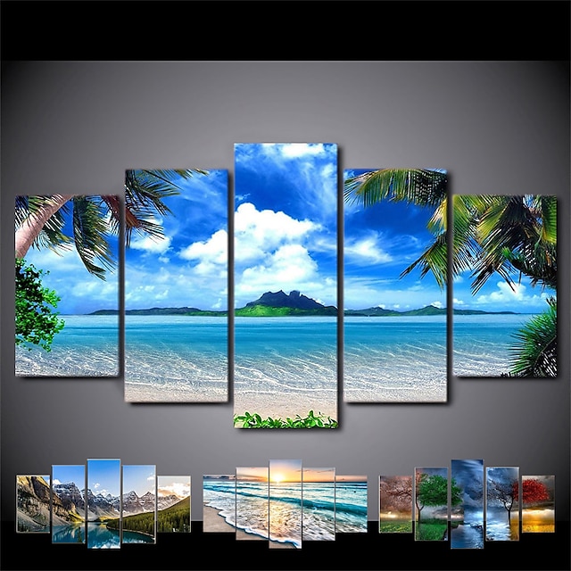 5 panneaux paysage imprime affiches/image plage bleu mer coucher de soleil moderne mur art tenture murale cadeau décoration de la maison roulé toile pas de cadre sans cadre non étiré