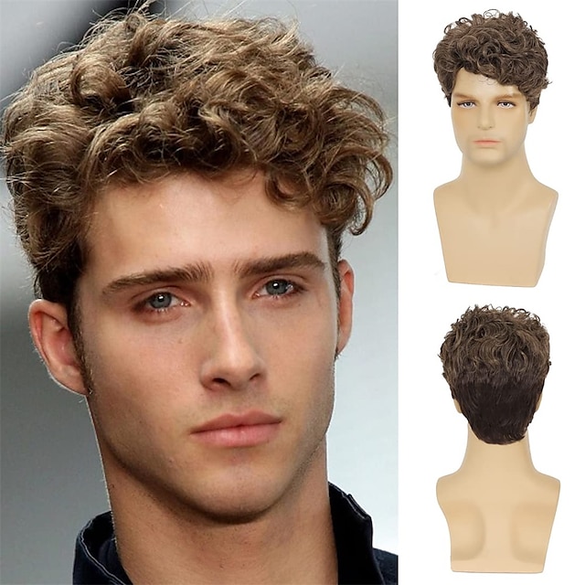  Mens Short Brown Curly Wig Costume Halloween Wig Natural Synthetic Hair Replacement Wig