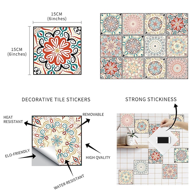 Home & Garden Home Decor | 12pcs 15*15CM Crystal Tile Self-adhesive Paper Bohemian Kitchen Oil-proof And Waterproof Removable Wa