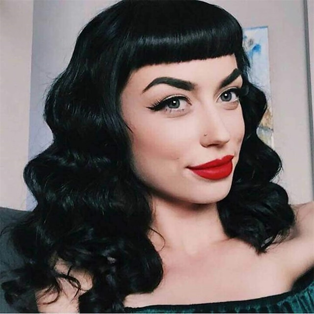  Perruques vintage pour femmes courte perruque noire avec franges mi-longue résistante à la chaleur perruques bouclées courtes pour cosplay et usage quotidien perruques Halloween