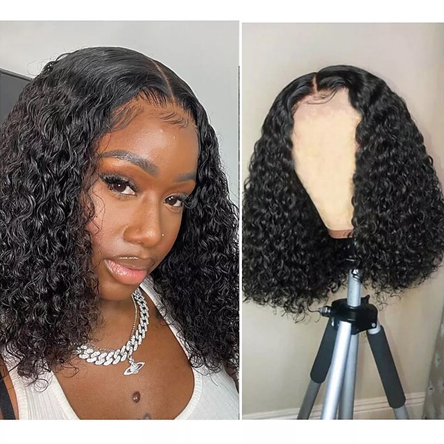 Beauty & Hair Wigs & Hair Pieces | Human Hair 13x4x1 T Part Lace Front Wig Bob Pixie Cut Middle Part Peruvian Hair Curly Black W