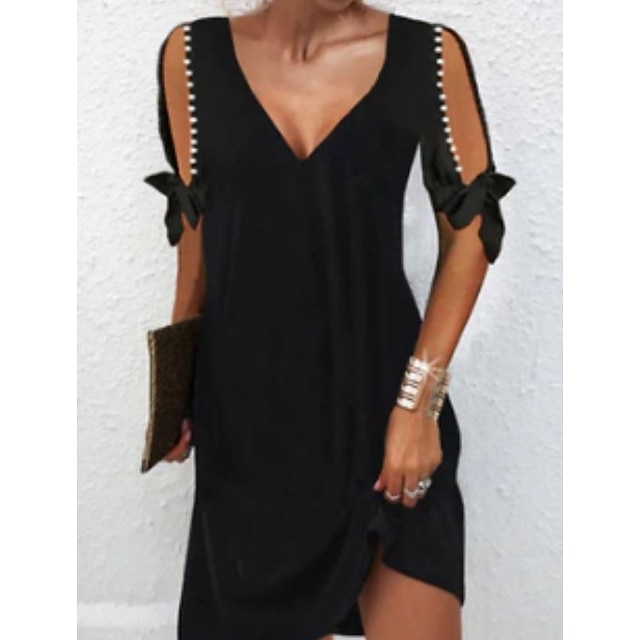  Women's Short Mini Dress A Line Dress Black Short Sleeve Ruched Pure Color V Neck Spring Summer Casual 2022 S M L XL XXL 3XL / Cotton