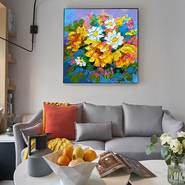 Home & Garden Wall Art | Oil Painting Hand Painted Square Abstract Floral / Botanical Modern Stretched Canvas - DK61947