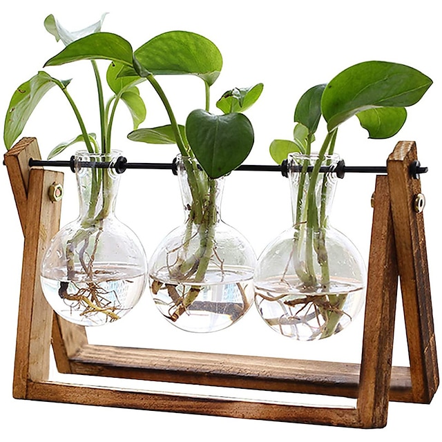  Creative Wooden Frame Glass Vase Tabletop Terrarium Hydroponics Plant Vases Bonsai 3 Transparent Flower Pot with Wooden Tray Home Decor