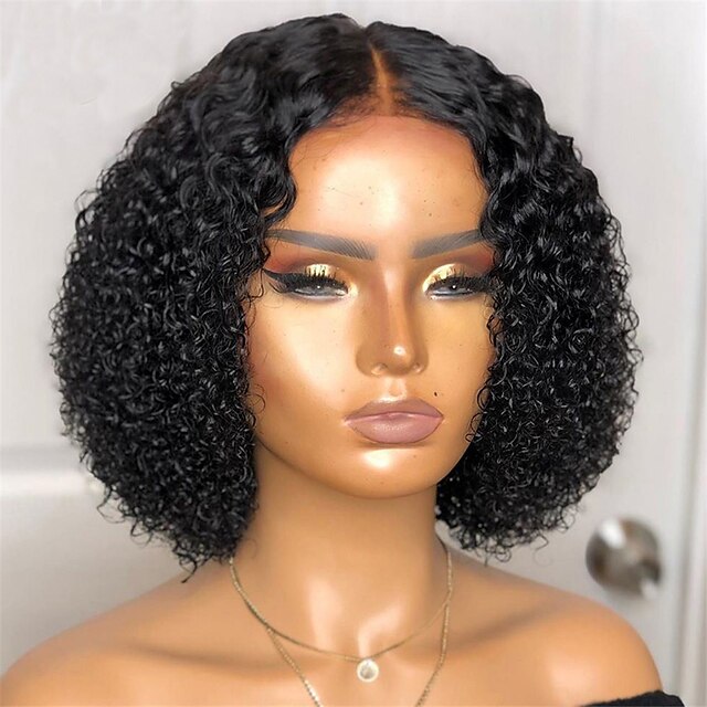 Beauty & Hair Wigs & Hair Pieces | Human Hair 13x4x1 T Part Lace Front Wig Bob Pixie Cut Middle Part Peruvian Hair Curly Black W