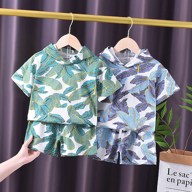 Baby & Kids Boys Clothing | Kids Boys T-shirt & Shorts 2 Pieces Short Sleeve Green Blue Leaf Print School Active Daily Regular 1